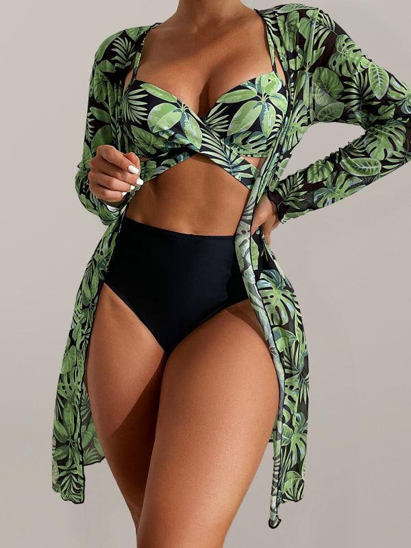 Women's tropical print bikini three-piece sets - 808Lush