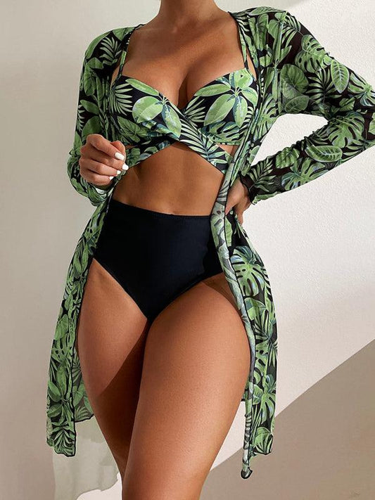 Women's tropical print bikini three-piece sets - 808Lush