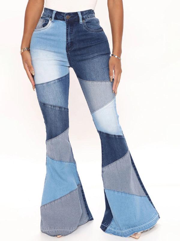 Women's two-color splicing street washed flared jeans - 808Lush