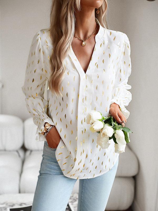 Women's v-neck bronzing polka dot long-sleeved shirt blouse - 808Lush