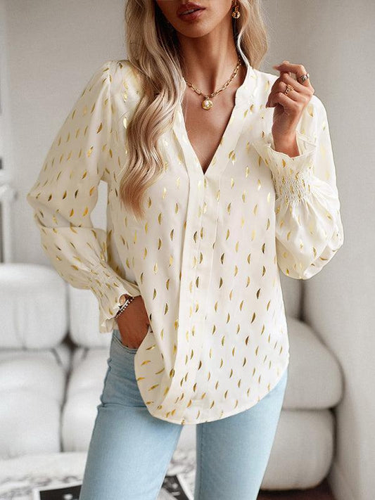 Women's v-neck bronzing polka dot long-sleeved shirt blouse - 808Lush