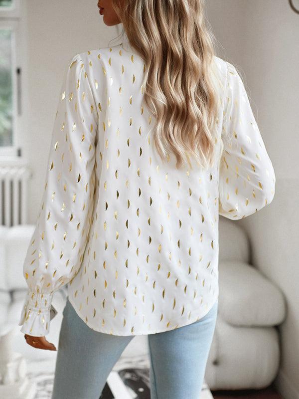 Women's v-neck bronzing polka dot long-sleeved shirt blouse - 808Lush