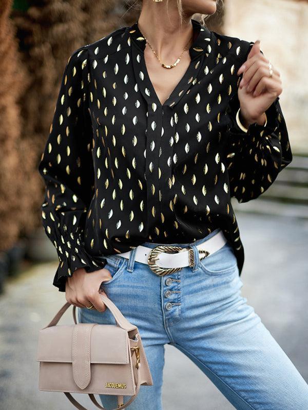 Women's v-neck bronzing polka dot long-sleeved shirt blouse - 808Lush