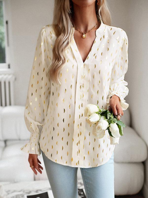 Women's v-neck bronzing polka dot long-sleeved shirt blouse - 808Lush