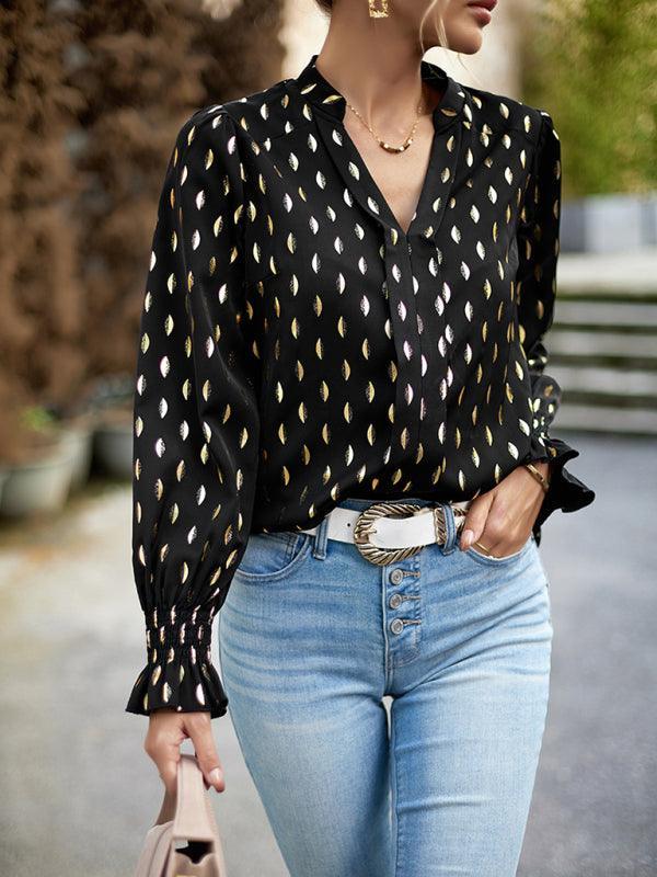 Women's v-neck bronzing polka dot long-sleeved shirt blouse - 808Lush