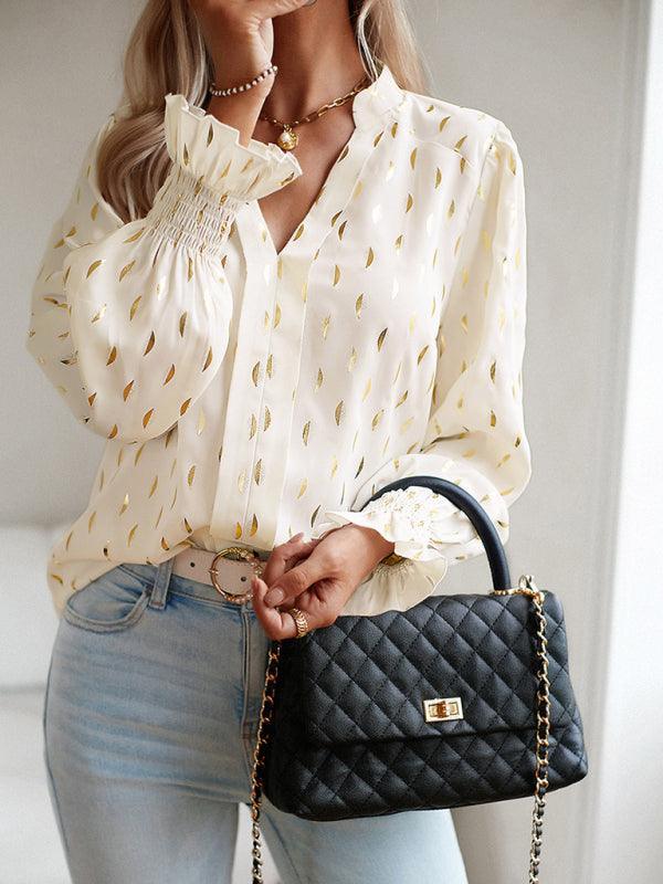 Women's v-neck bronzing polka dot long-sleeved shirt blouse - 808Lush