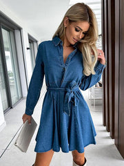 Women's waist-cinched lapel denim dress - 808Lush