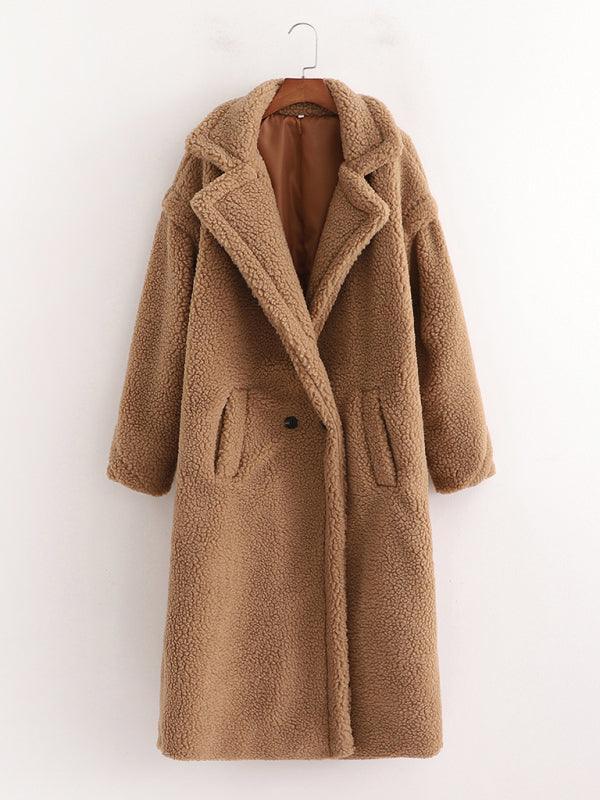 Women's warm loose lambswool coat teddy fur lapel long woolen coat - 808Lush