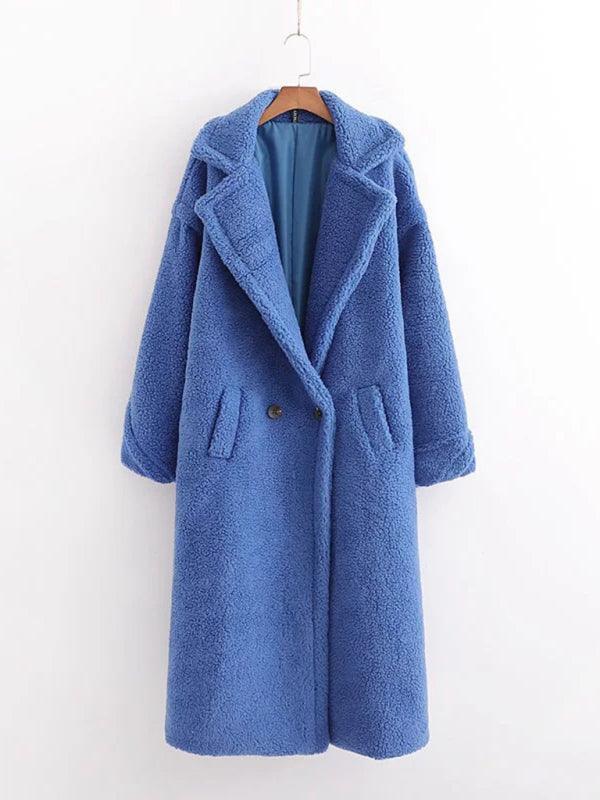 Women's warm loose lambswool coat teddy fur lapel long woolen coat - 808Lush