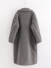 Women's warm loose lambswool coat teddy fur lapel long woolen coat - 808Lush