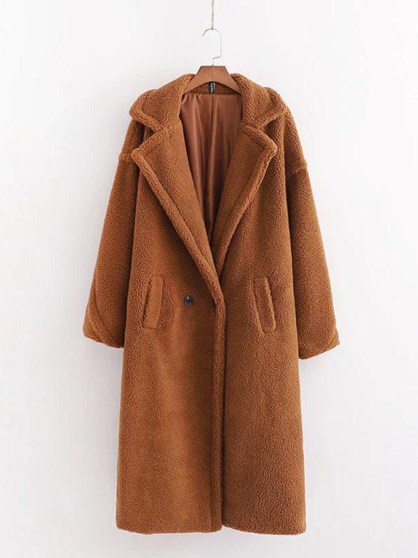 Women's warm loose lambswool coat teddy fur lapel long woolen coat - 808Lush