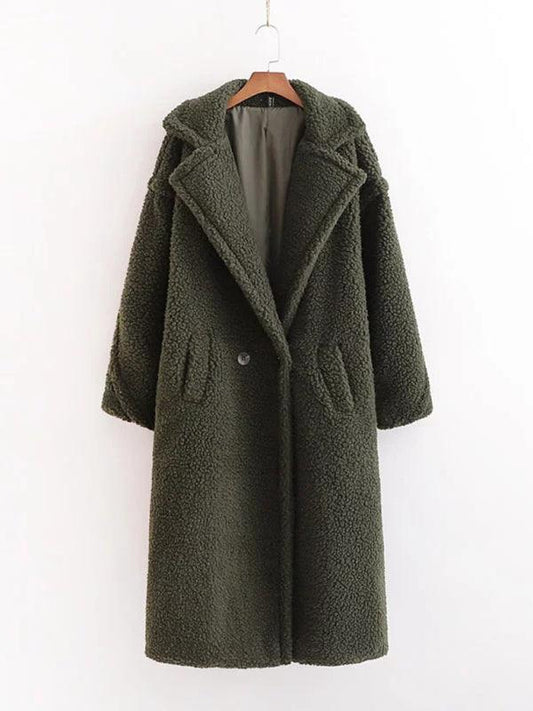 Women's warm loose lambswool coat teddy fur lapel long woolen coat - 808Lush