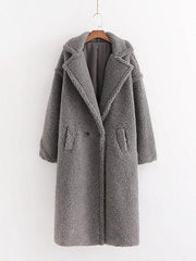 Women's warm loose lambswool coat teddy fur lapel long woolen coat - 808Lush