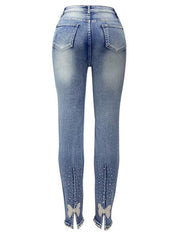 Women's washed beaded denim pencil pants - 808Lush