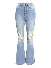 Women's washed ripped high-waisted denim wide-leg trousers - 808Lush