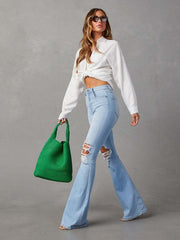 Women's washed ripped high-waisted denim wide-leg trousers - 808Lush