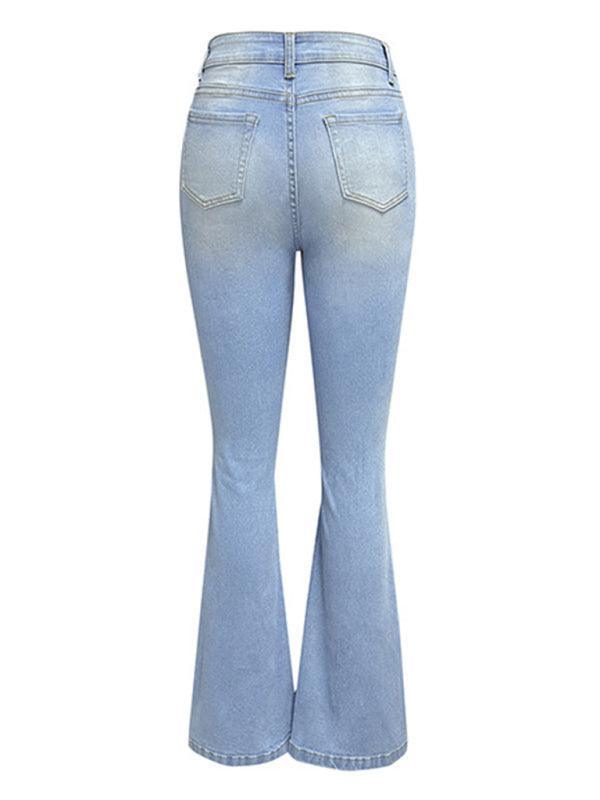 Women's washed ripped high-waisted denim wide-leg trousers - 808Lush