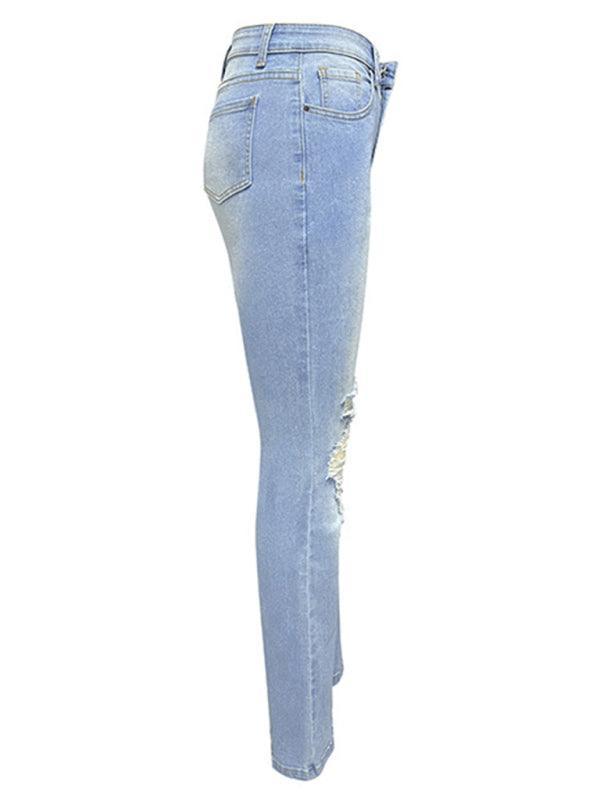 Women's washed ripped high-waisted denim wide-leg trousers - 808Lush