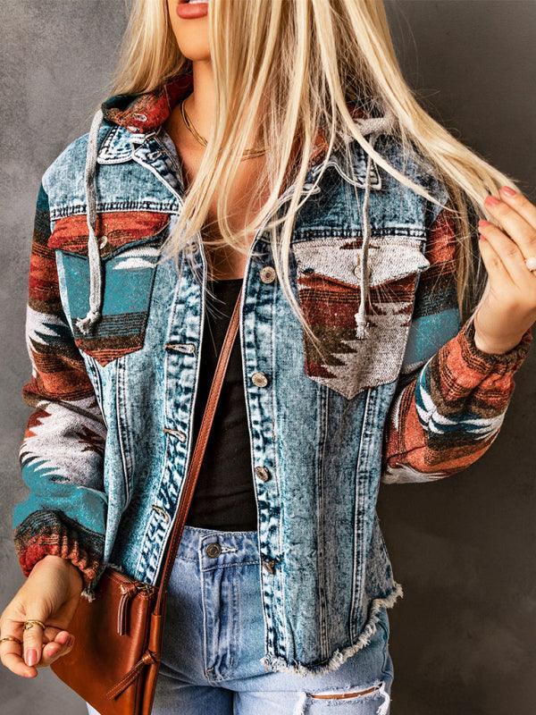 Women's western style denim patchwork hooded jacket - 808Lush