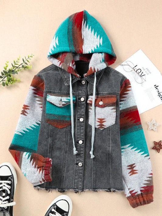 Women's western style denim patchwork hooded jacket - 808Lush