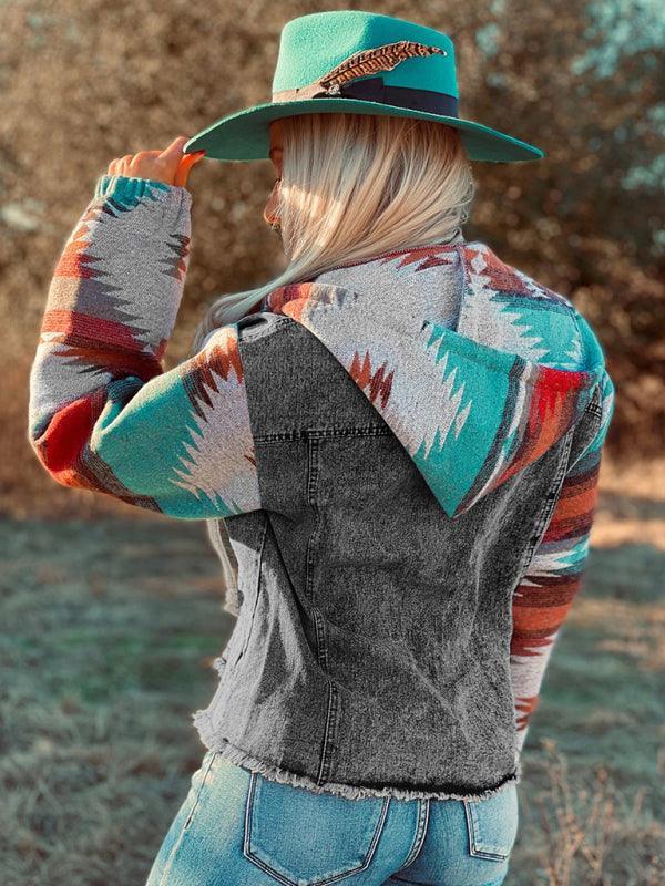 Women's western style denim patchwork hooded jacket - 808Lush