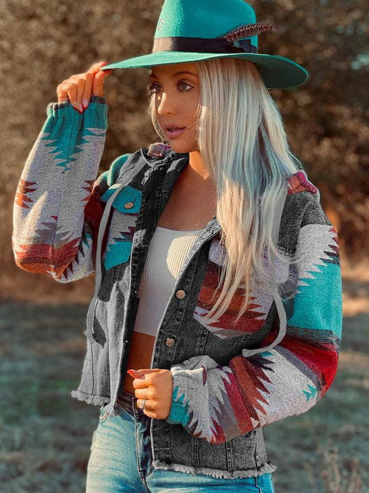Women's western style denim patchwork hooded jacket - 808Lush