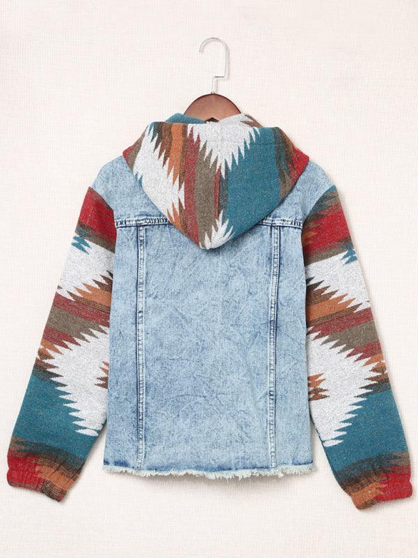 Women's western style denim patchwork hooded jacket - 808Lush