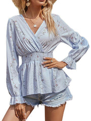 Women's woven V-neck garden floral long-sleeved shirt - 808Lush