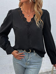 Women's woven V-neck lace long-sleeved shirt - 808Lush