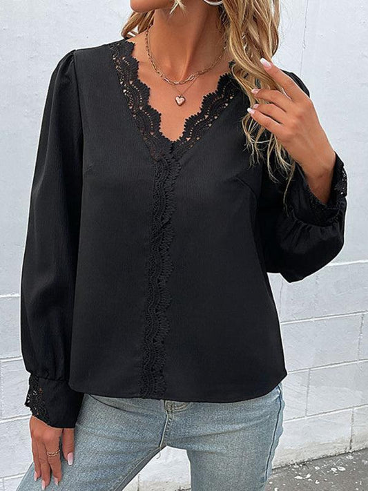 Women's woven V-neck lace long-sleeved shirt - 808Lush