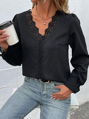 Women's woven V-neck lace long-sleeved shirt - 808Lush