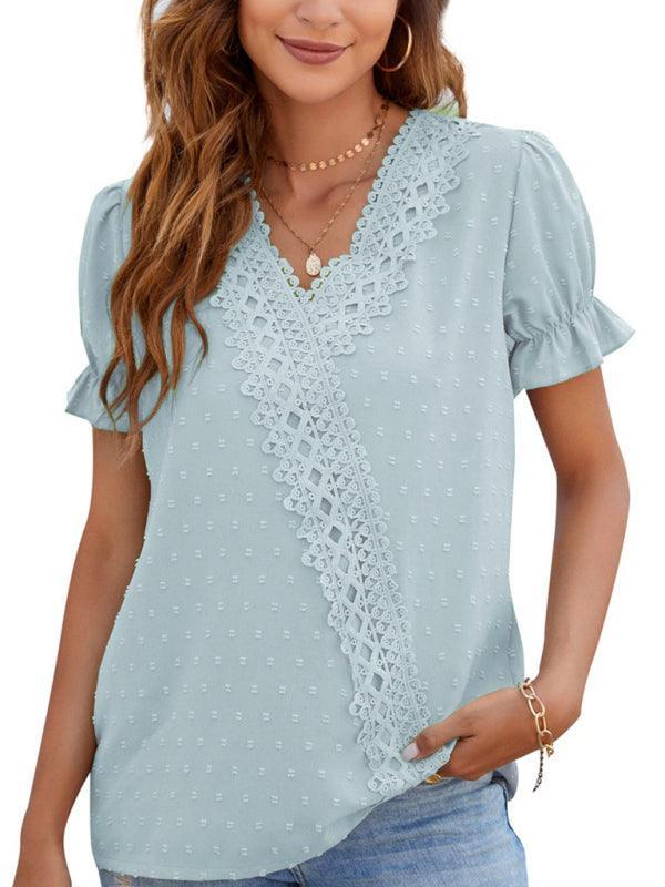 Women's woven V-neck polka-dot jacquard chiffon lace short-sleeved shirt - 808Lush