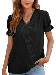 Women's woven V-neck polka-dot jacquard chiffon lace short-sleeved shirt - 808Lush