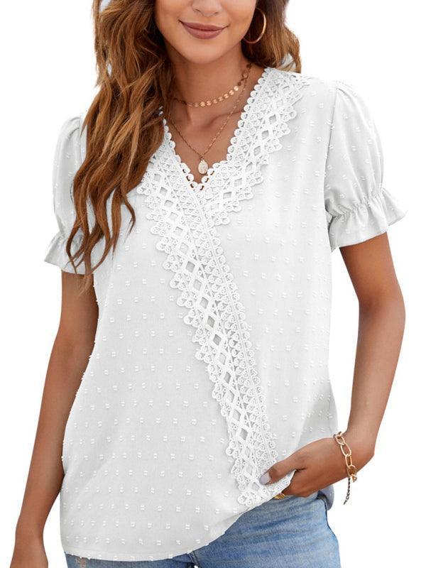 Women's woven V-neck polka-dot jacquard chiffon lace short-sleeved shirt - 808Lush