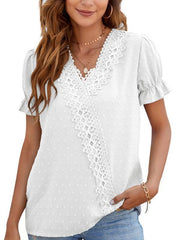 Women's woven V-neck polka-dot jacquard chiffon lace short-sleeved shirt - 808Lush