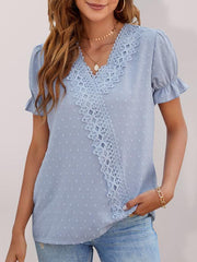 Women's woven V-neck polka-dot jacquard chiffon lace short-sleeved shirt - 808Lush