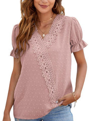 Women's woven V-neck polka-dot jacquard chiffon lace short-sleeved shirt - 808Lush