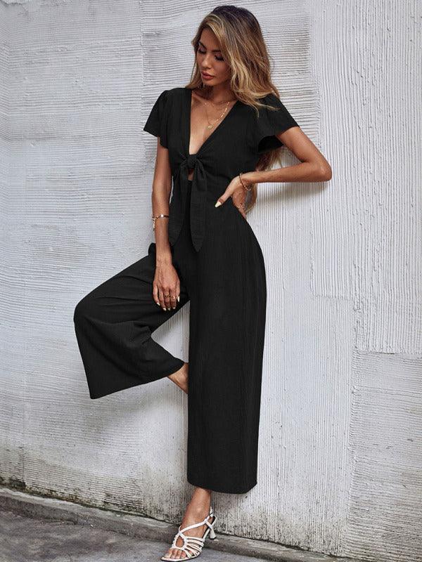 Women's woven V-neck short-sleeved casual straight cropped jumpsuit - 808Lush