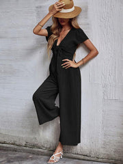 Women's woven V-neck short-sleeved casual straight cropped jumpsuit - 808Lush