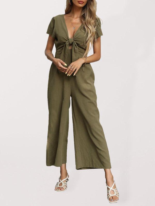 Women's woven V-neck short-sleeved casual straight cropped jumpsuit - 808Lush