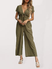 Women's woven V-neck short-sleeved casual straight cropped jumpsuit - 808Lush