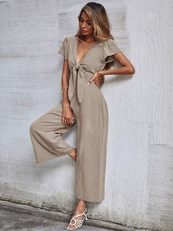 Women's woven V-neck short-sleeved casual straight cropped jumpsuit - 808Lush