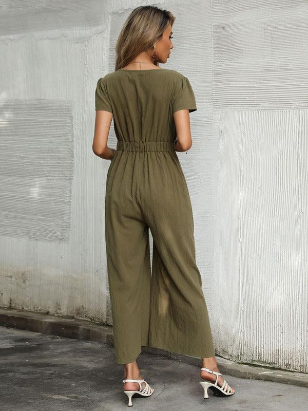 Women's woven V-neck short-sleeved casual straight cropped jumpsuit - 808Lush