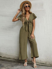 Women's woven V-neck short-sleeved casual straight cropped jumpsuit - 808Lush