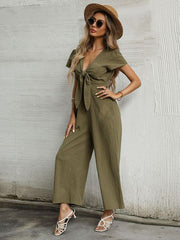 Women's woven V-neck short-sleeved casual straight cropped jumpsuit - 808Lush