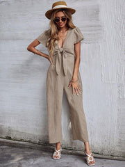 Women's woven V-neck short-sleeved casual straight cropped jumpsuit - 808Lush