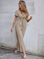 Women's woven V-neck short-sleeved casual straight cropped jumpsuit - 808Lush