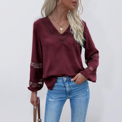 Women's woven V-neck stitching hollow lace shirt - 808Lush