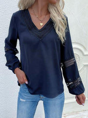 Women's woven V-neck stitching hollow lace shirt - 808Lush