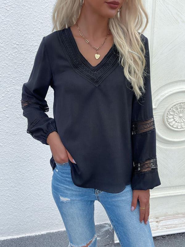 Women's woven V-neck stitching hollow lace shirt - 808Lush